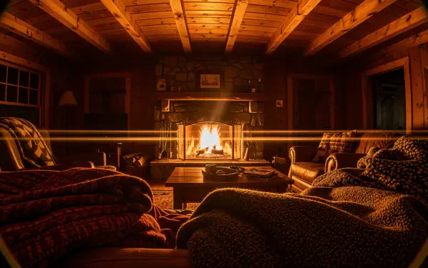 Cozy rustic cabin living room with roaring fireplace, wood-beamed ceiling and plush sofas, warm amber glow — 4K Ultra HD PC desktop wallpaper and background.