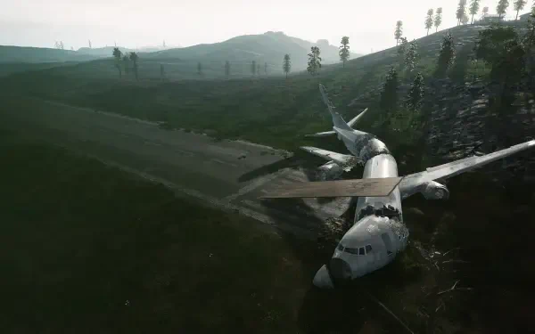 HD PC desktop wallpaper from the video game HumanitZ: a plane crash—an airliner wrecked in a misty green valley, surrounded by trees on rolling hills beneath an overcast sky.