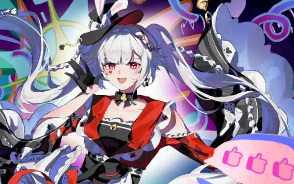 2K Quad HD PC wallpaper of Sparxie (Honkai: Star Rail), vibrant action game portrait: white twin‑tailed character in red‑black outfit with a playful smile amid colorful, swirling background.