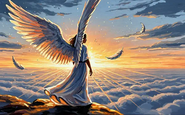 4K Ultra HD PC desktop wallpaper and background of an angel with luminous angel wings standing on a cliff above clouds at sunrise, feathers drifting across a golden sky.