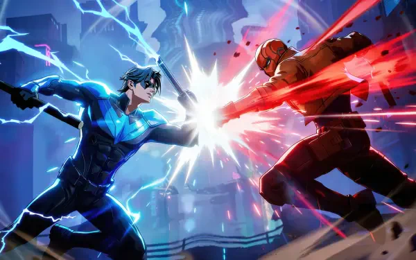 4K Ultra HD PC desktop wallpaper from mobile game DC: Dark Legion — Nightwing and Red Hood clash in a lightning-charged confrontation, blue and red energy exploding between them.
