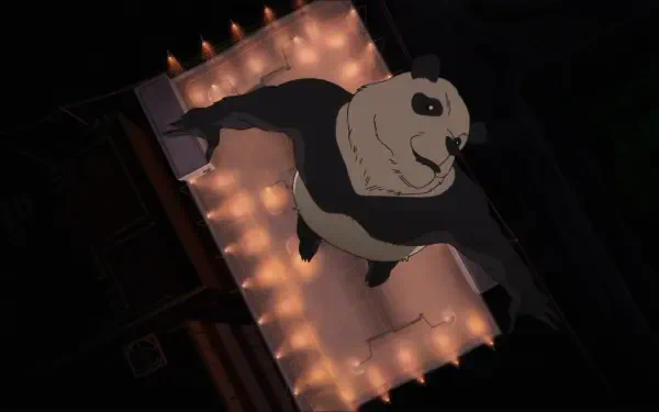 HD PC desktop wallpaper of Panda from Jujutsu Kaisen 3rd Season, soaring above glowing ritual candles against a dark, dramatic background.