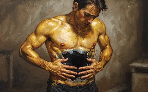 4K Ultra HD PC desktop wallpaper and background: painted muscular man clutching a dark, hollow abdominal cavity, golden skin tones and dramatic, muted painterly backdrop.