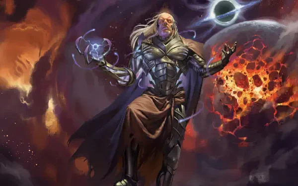 HD PC wallpaper of Tezzeret, the Magic: The Gathering card-game wizard in metallic armor and cloak, conjuring a glowing orb amid exploding celestial debris.