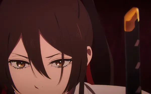 Close-up anime portrait of Yamada Asaemon Sagiri from Hell's Paradise with brown hair and brown eyes, 4K Ultra HD PC desktop wallpaper.