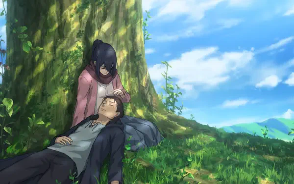 Attack on Titan anime couple Eren Yeager and Mikasa Ackerman resting together beneath a sunlit tree on a grassy hill — 2K Quad HD PC desktop wallpaper.