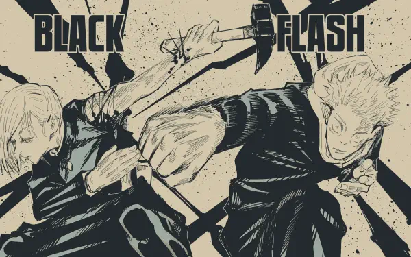 4K Ultra HD PC desktop wallpaper/background: manga-style Jujutsu Kaisen action, Nobara Kugisaki and Yuji Itadori mid-punch in a dynamic monochrome composition