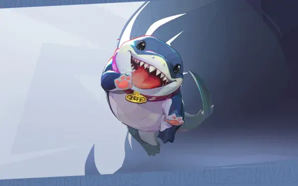 Jeff the Land Shark from Marvel Rivals leaps with a grin and tiny paws, collar tag visible — HD PC desktop wallpaper/background for the video game.