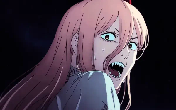 Chainsaw Man's Power bares jagged teeth in a dark, shocked yet funny reaction—creepy close-up for a 4K Ultra HD PC desktop wallpaper/background.