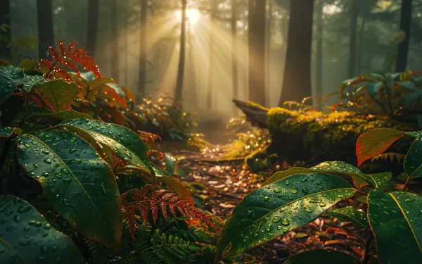4K Ultra HD PC desktop wallpaper: sun-dappled forest floor with dewy foliage, ferns and mossy path leading into misty, towering pine trees.