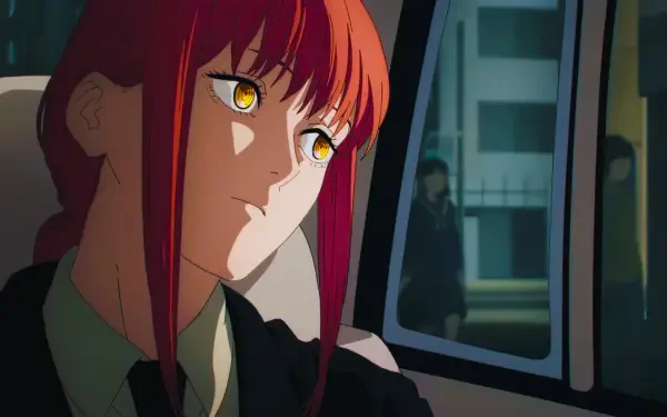 Makima from Chainsaw Man gazes out a car window at night — anime girl portrait rendered as a 4K Ultra HD PC desktop wallpaper/background