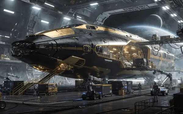4K Ultra HD PC desktop wallpaper and background: a sleek golden spaceship docked in a massive illuminated hangar, technicians and a distant planet visible.