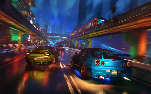 HD CGI PC desktop wallpaper and background: neon-lit night car racing scene, two sports cars speeding on wet city streets under elevated tracks.