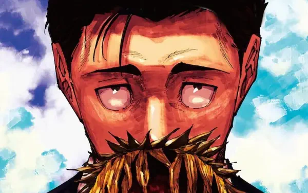 Manga close-up of Hiromi Higuruma (Jujutsu Kaisen) with pale eyes and a spiky shadow over his mouth against a blue sky — vivid HD PC desktop wallpaper.