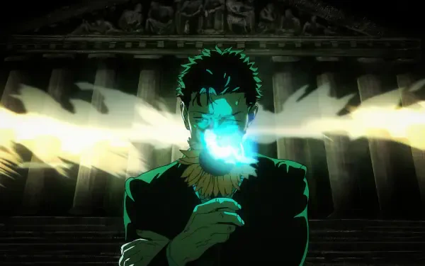 Hiromi Higuruma (Jujutsu Kaisen) unleashing a blue curse blast, silhouetted before temple columns — 4K Ultra HD PC manga desktop wallpaper, Jujutsu Kaisen 3rd Season.