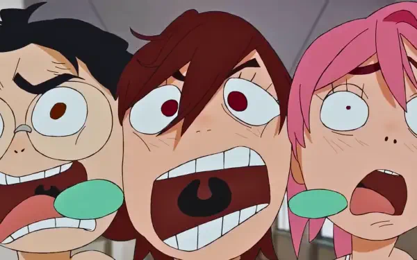 Funny Dandadan 4K Ultra HD PC desktop wallpaper: close-up of Momo Ayase and Aira Shiratori making exaggerated, wide-mouthed shocked faces against a simple background.