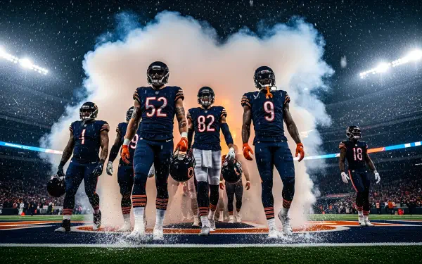Chicago Bears NFL football players emerge through smoke under stadium lights — dramatic 2K Quad HD PC desktop wallpaper background.