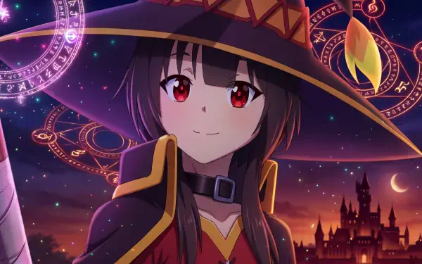 Megumin from KonoSuba smiling in her signature witch hat and crimson-trimmed cloak — 5K Ultra HD anime girl PC desktop wallpaper.