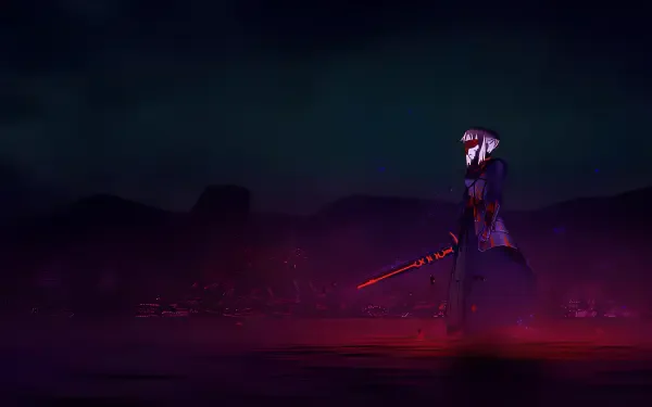 Saber from the Fate series, anime girl in battle stance holding a glowing red sword on a dark, moody 4K Ultra HD PC desktop wallpaper background.