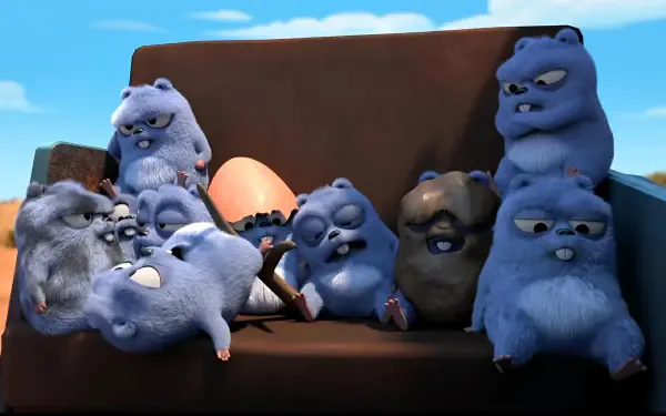 Grizzy and the Lemmings 2K Quad HD PC desktop wallpaper and background — blue, fluffy lemmings clustered on a couch around a large egg with a sunny sky backdrop.