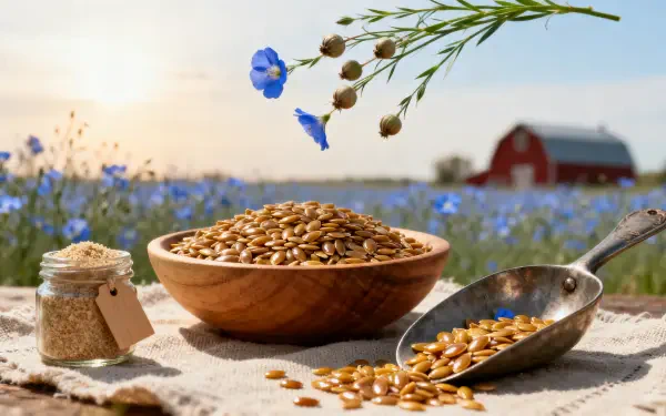 4K Ultra HD PC desktop wallpaper: wooden bowl and metal scoop of golden flax seeds on a linen cloth, small jar, blue flax flowers and a red barn in a sunlit field.