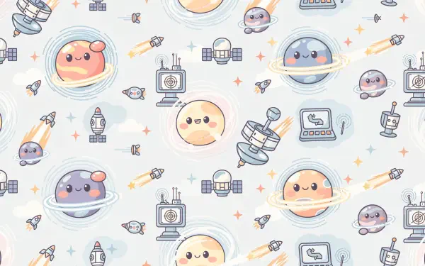 4K Ultra HD PC desktop wallpaper and background: pastel kawaii space pattern with smiling planets, moons, rockets, satellites and tiny stars.