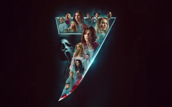 Scream 7 5K Ultra HD PC desktop wallpaper: glowing Ghostface blade forming a triangular collage of characters and portraits on a dark background.