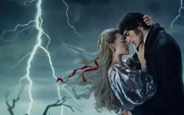 Wuthering Heights 4K Ultra HD PC desktop wallpaper: storm-lashed moor, jagged lightning, wind-tossed woman in silver gown clutching a dark-clad man in a tense embrace.