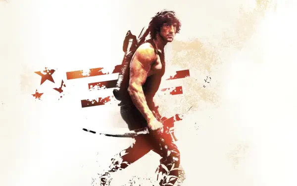 HD PC desktop wallpaper: Rambo: First Blood Part II artwork showing muscular, armed soldier against stylized red-white flag brushstroke background.