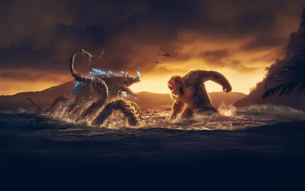 Monarch: Legacy of Monsters 4K Ultra HD PC desktop wallpaper — a giant ape and a glowing, tentacled kaiju clash in storm-tossed coastal waters beneath a fiery sunset.