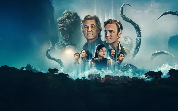 Monarch: Legacy of Monsters 4K Ultra HD PC desktop wallpaper/background — towering kaiju silhouettes and writhing tentacles surround stern ensemble portraits over a stormy, ocean-dark skyline.