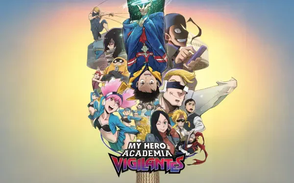 My Hero Academia: Vigilantes 8K Ultra HD PC desktop wallpaper depicting a colorful circular arrangement of vigilante characters around the series logo on a soft gradient background.