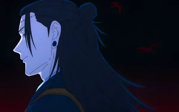 Suguru Geto (Jujutsu Kaisen 3rd Season) profile in dark aesthetic, villainous anime portrait against a red-black 4K Ultra HD PC desktop wallpaper background.