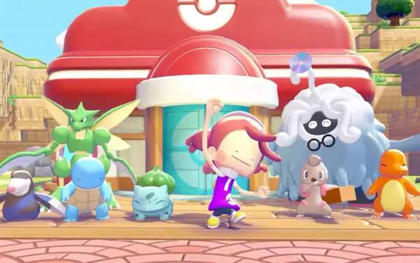 HD PC desktop wallpaper of Pokémon Pokopia: a cheerful trainer celebrating with several Pokémon in front of a red Poké Mart in a bright, sunny town square.