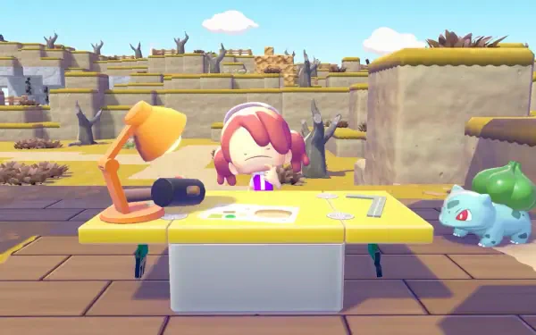 HD PC desktop wallpaper: chibi character at a yellow desk with lamp and Bulbasaur (Pokémon) in a bright blocky plaza — Pokémon Pokopia background.