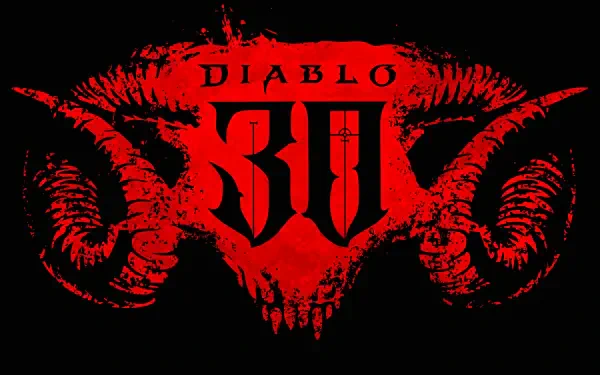 Red Diablo III logo shaped from a demonic ram skull and horns on black; 2K Quad HD PC desktop wallpaper referencing Diablo, Diablo II, Diablo III.