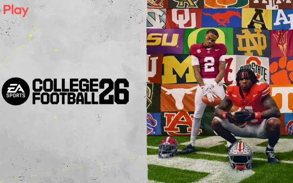 EA SPORTS College Football 26 2K Quad HD PC desktop wallpaper: two college football players pose on turf with helmets and a backdrop of college logos, game logo on the left.
