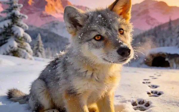 Wolf cub sits in fresh snow with paw prints, snowy pines and pink sunrise mountains — 4K Ultra HD PC desktop wallpaper.