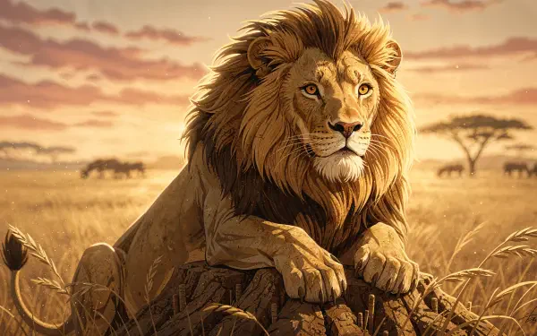 4K Ultra HD PC desktop wallpaper: a regal male lion rests atop a mound in the golden savannah at sunset, acacia silhouettes and tall grass stretching into the distance.