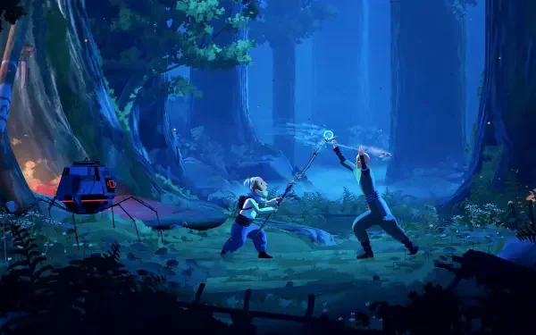 HD PC desktop wallpaper and background from the video game Planet of Lana II: two characters duel with staff and blade in a glowing blue forest beside a small hovering robot.