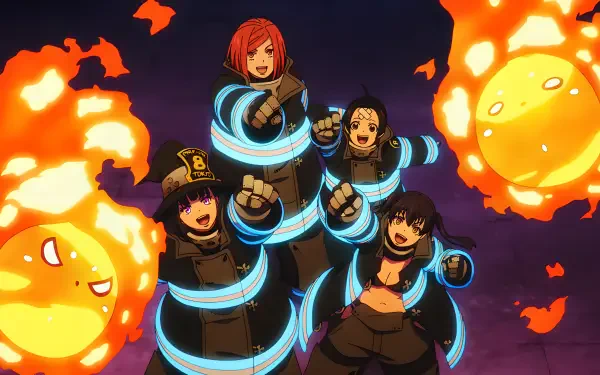 Fire Force 4K Ultra HD PC desktop wallpaper featuring anime girls Tamaki Kotatsu and Maki Oze in firefighting coats, surrounded by playful flame sprites against a dark sky.