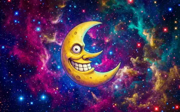5K Ultra HD PC desktop wallpaper: anime-style grinning crescent moon with a bulging eye smiles amid a vibrant Fire Force, Soul Eater–inspired cosmic nebula background.