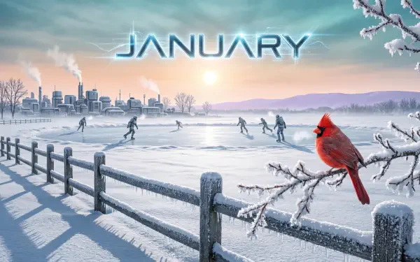 January 5K Ultra HD PC desktop wallpaper and background: snowy fence and frosted branch with a red cardinal, frozen lake with skaters and distant city skyline at sunrise.