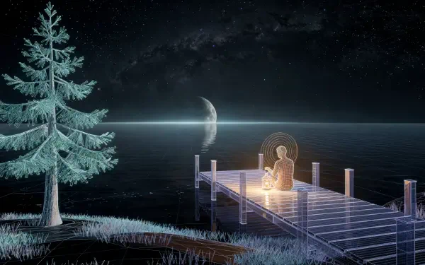 4K Ultra HD PC desktop wallpaper: two figures on a glowing pier beneath a new moon over a calm sea, frost-coated tree on shore and a streaked starry night.