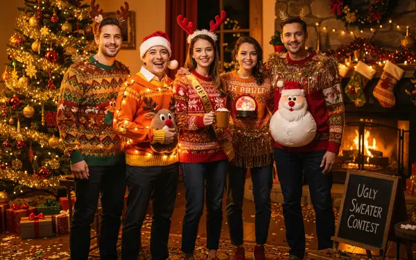 4K Ultra HD PC desktop wallpaper: five people in festive ugly sweaters and Santa/antler accessories pose by a decorated Christmas tree and fireplace, chalkboard reading Ugly Sweater Contest.