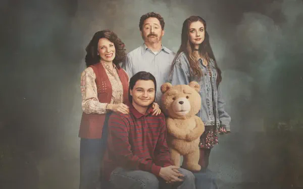 4K Ultra HD PC desktop wallpaper of Ted (TV Show): family-style portrait of three adults and a young man holding the teddy bear Ted against a moody, muted studio backdrop.