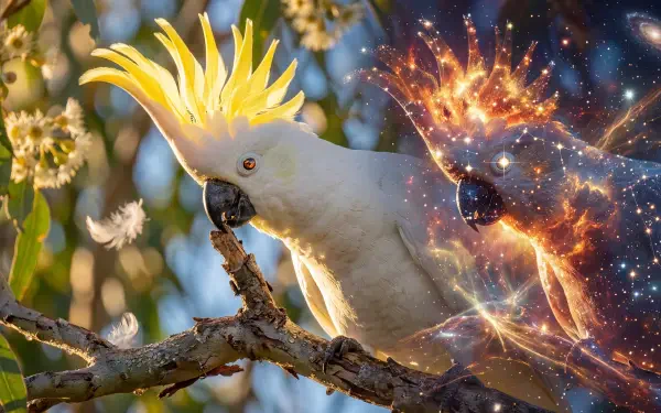 5K Ultra HD desktop wallpaper of a white cockatoo with yellow crest perched on a branch, merged with sparkling cosmic light effects and a starry nebula overlay.