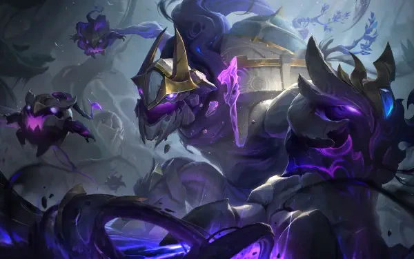 8K Ultra HD PC desktop wallpaper of Maokai from League of Legends (MOBA): a massive shadowy armored treant wreathed in purple cosmic energy, twisting roots under a moonlit void sky.