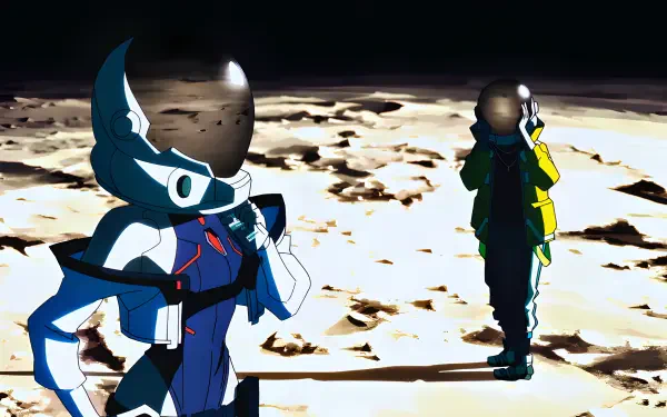 Cyberpunk: Edgerunners 4K Ultra HD PC wallpaper: Lucy and David on a moonlit surface, neon cybernetic suits and stylized anime visuals.