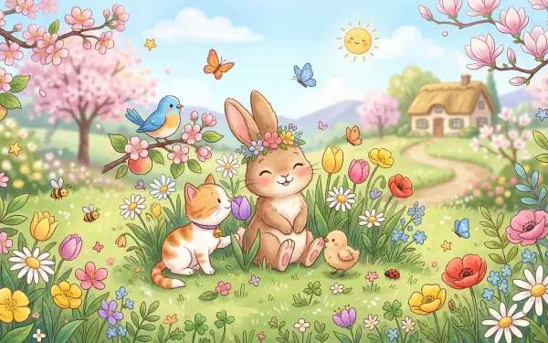 Cute spring 5K Ultra HD PC desktop wallpaper: cheerful bunny with flower crown, kitten and chick amid tulips, daisies and butterflies, cottage and blooming trees under sunny sky.